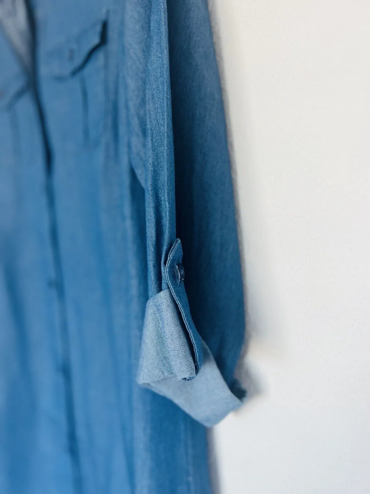 LOFT Women's Blue Button Front Roll Tab Sleeve Chambray Dress Size S