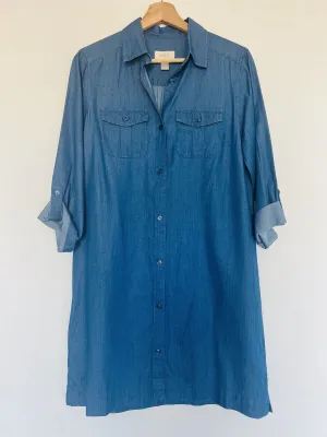 LOFT Women's Blue Button Front Roll Tab Sleeve Chambray Dress Size S