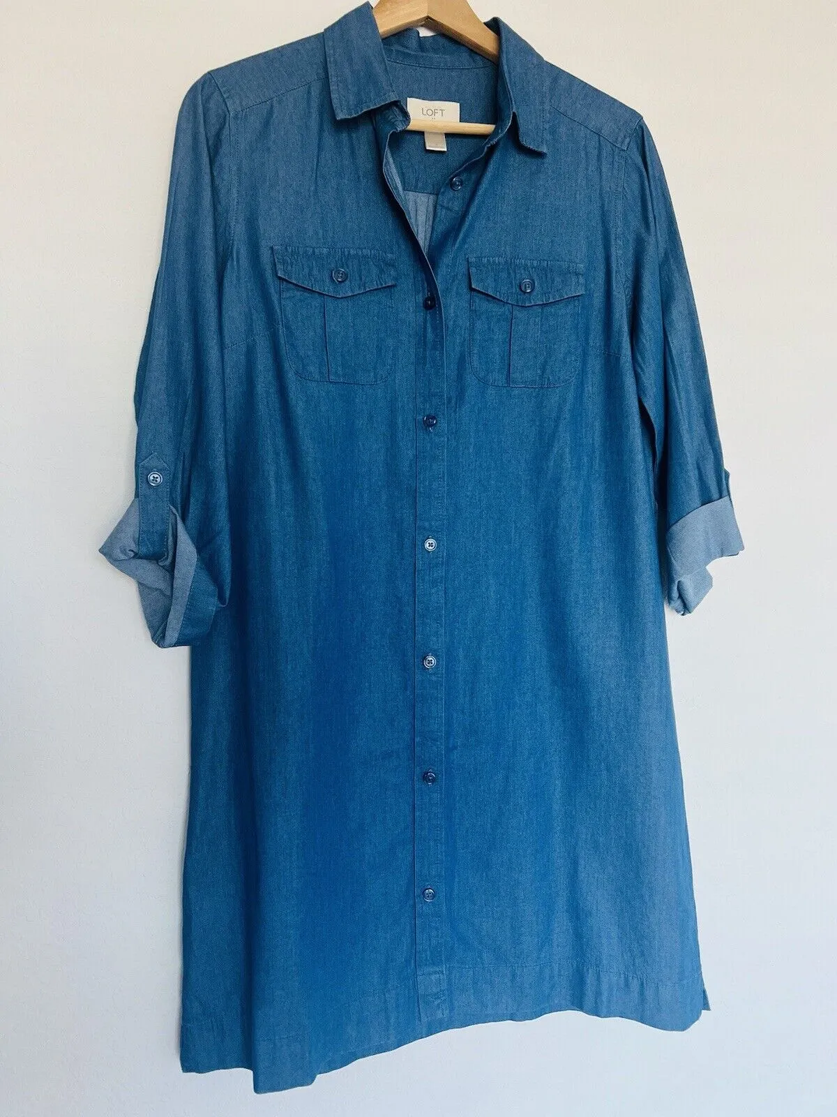 LOFT Women's Blue Button Front Roll Tab Sleeve Chambray Dress Size S
