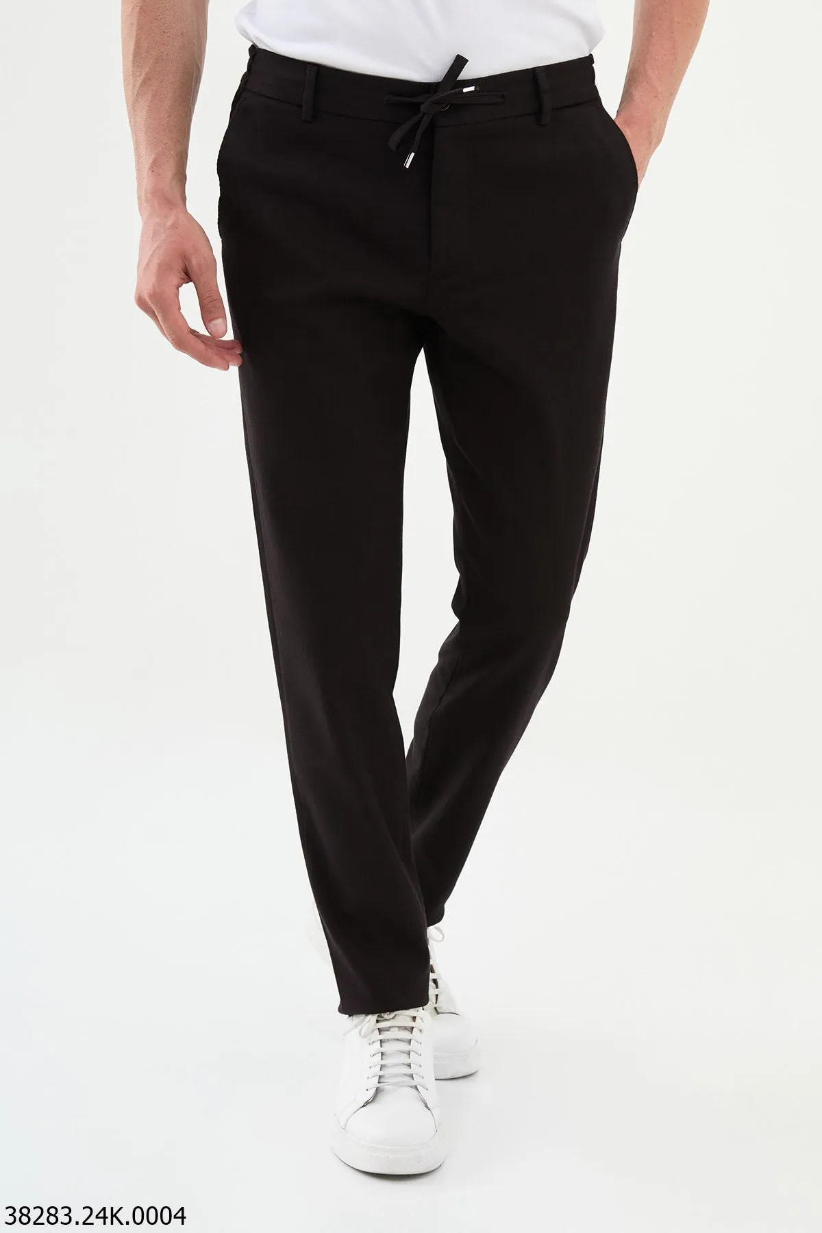 Men's Dark Brown Drawstring Slim-Fit Casual Pants.