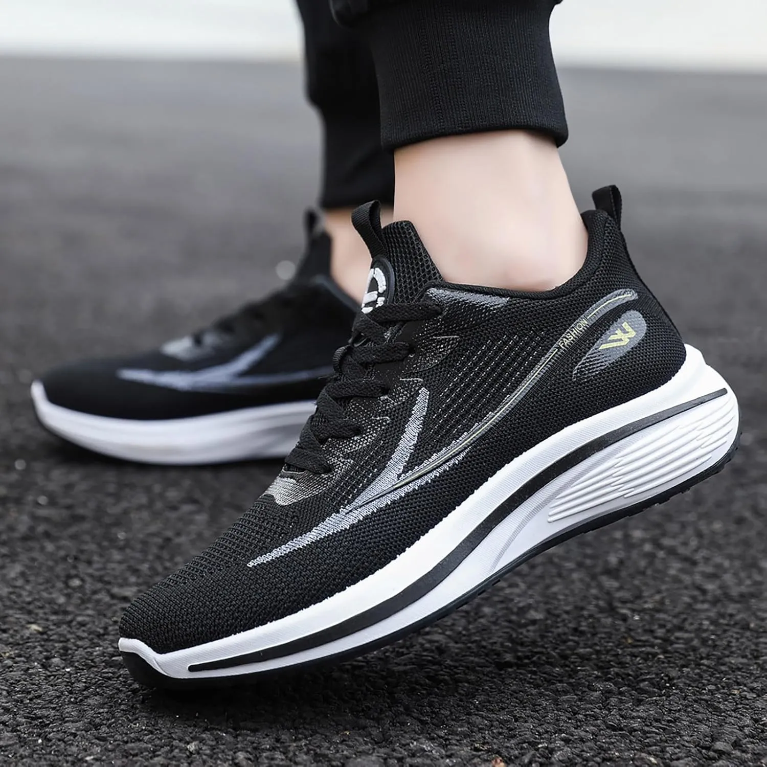 Men's Fashion Sneakers Breathable Mesh Cushion Running Shoes Non Slip Thick Soft Sole Casual Athletic Arch Support Walking Shoes Black Lace Up Basketball Shoe for Men All Season