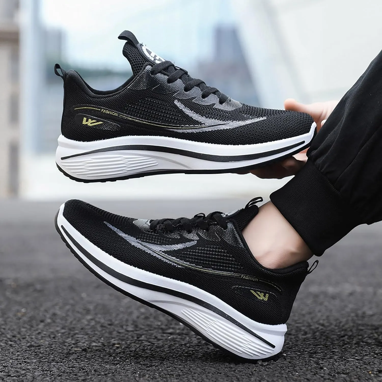 Men's Fashion Sneakers Breathable Mesh Cushion Running Shoes Non Slip Thick Soft Sole Casual Athletic Arch Support Walking Shoes Black Lace Up Basketball Shoe for Men All Season