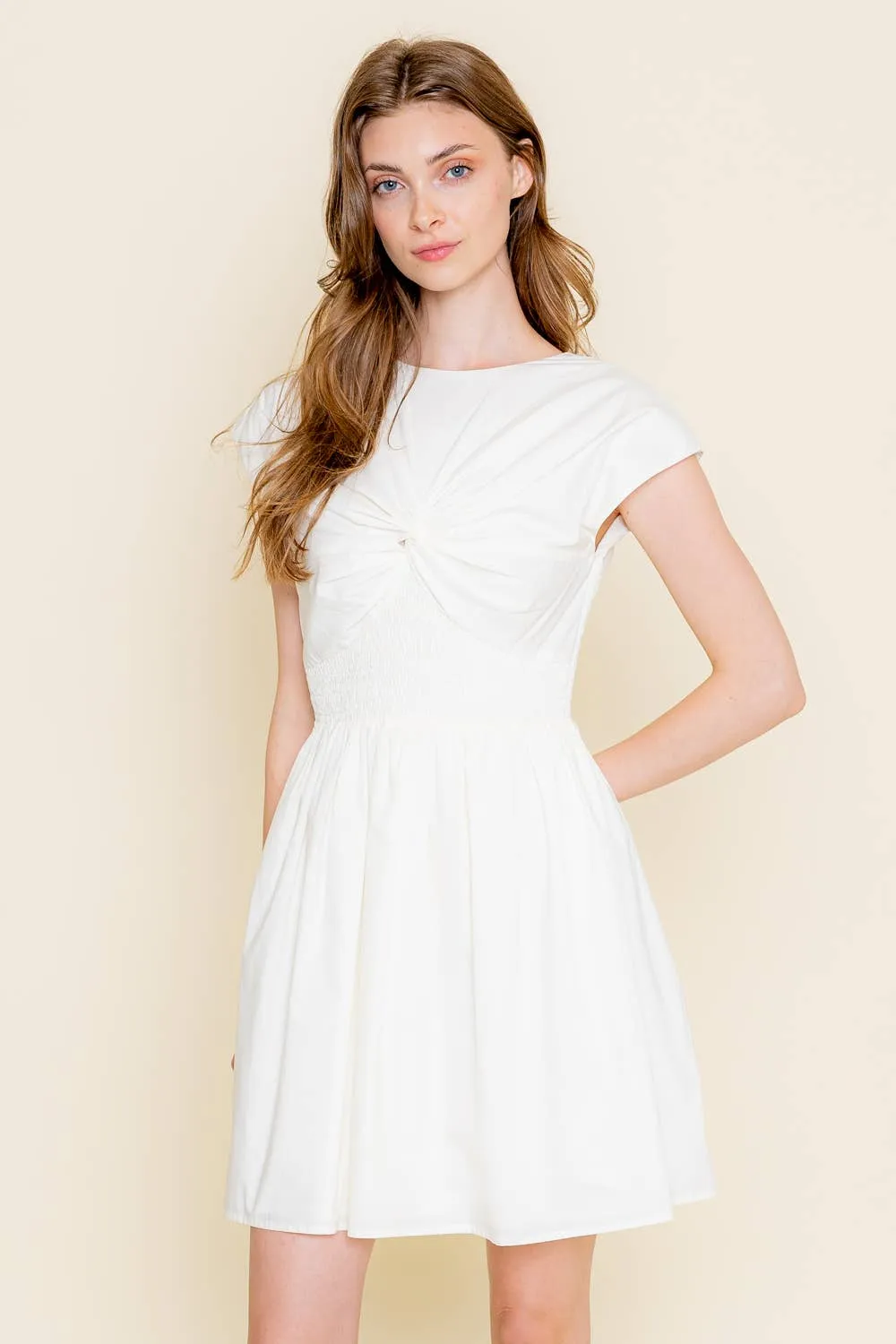 MINIMALIST SMOCK WAIST FRONT TWIST MINI DRESS