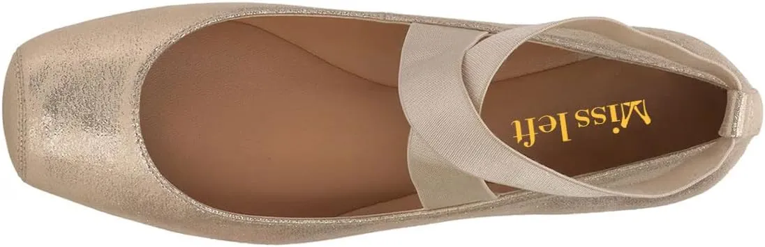 miss left Women's Stretchy Crisscross Strap Ballerina Flats Closed Square Toe Slip On Comfy Dance Party Shoe Size 4-16 US