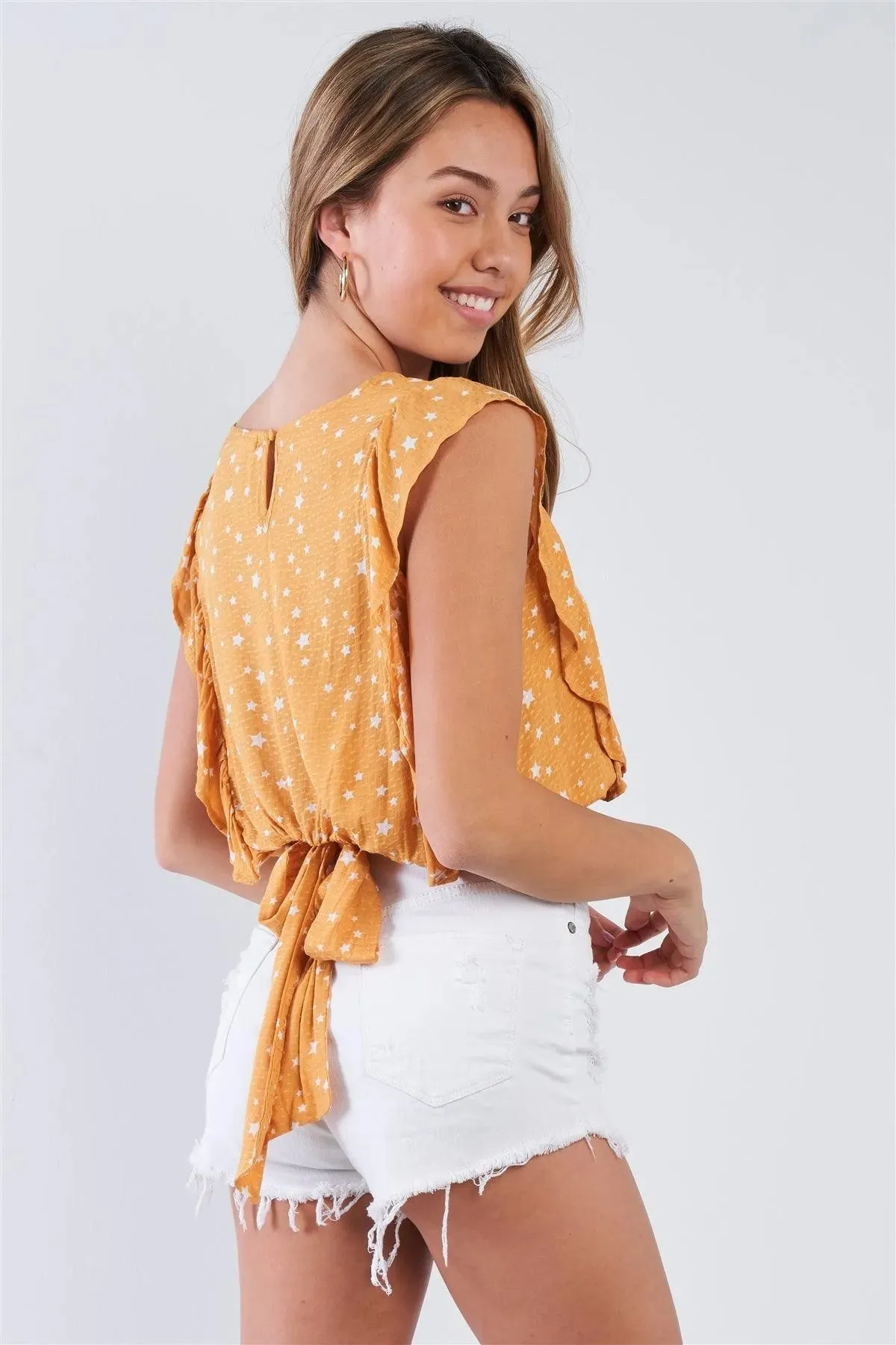 Mustard Sleeveless Star Print Ruffled Top