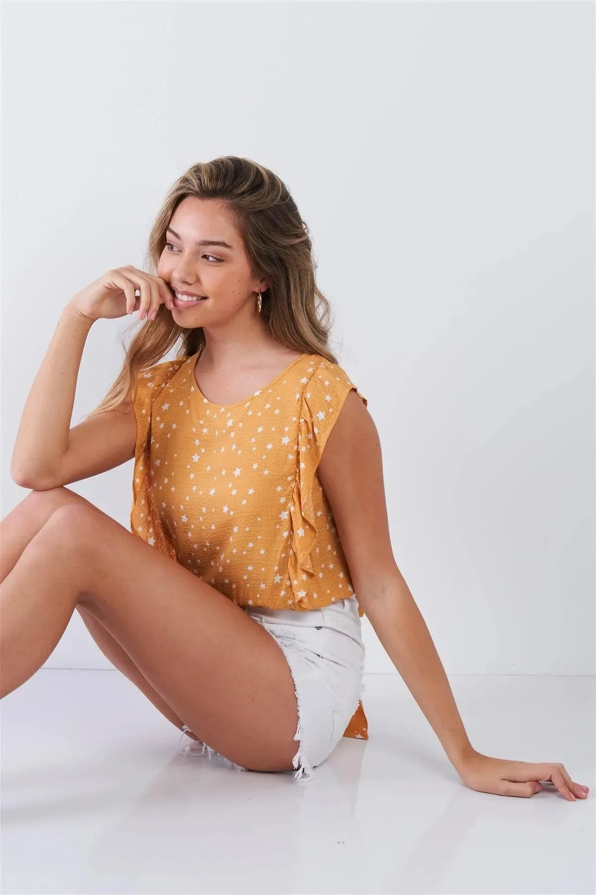 Mustard Sleeveless Star Print Ruffled Top