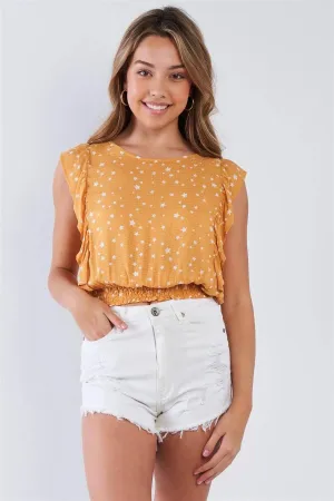 Mustard Sleeveless Star Print Ruffled Top