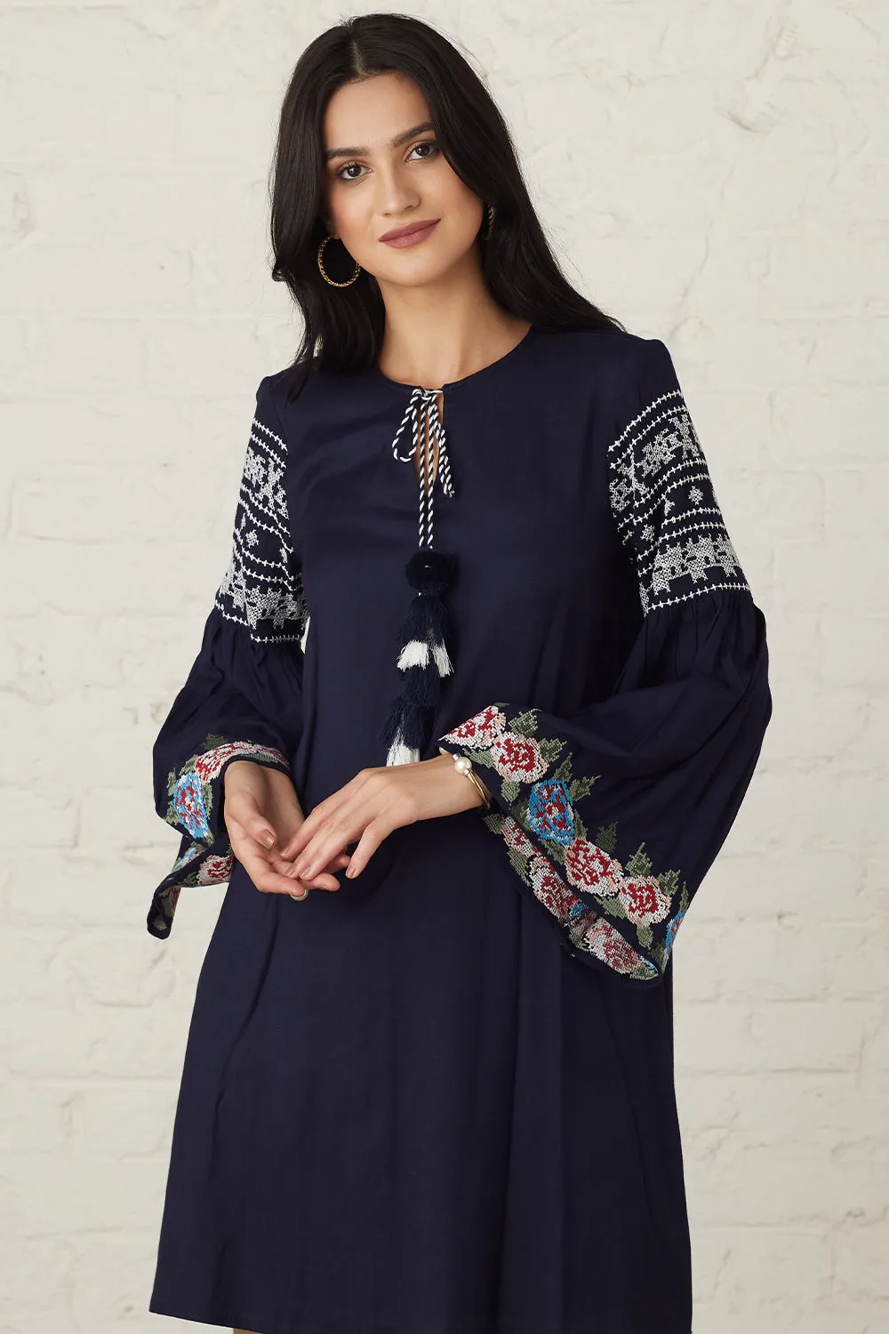 Navy Blue Floral Embroidered Dress