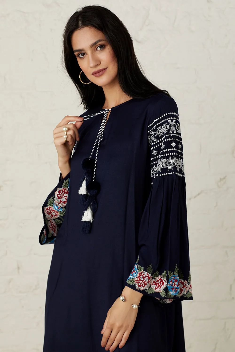 Navy Blue Floral Embroidered Dress