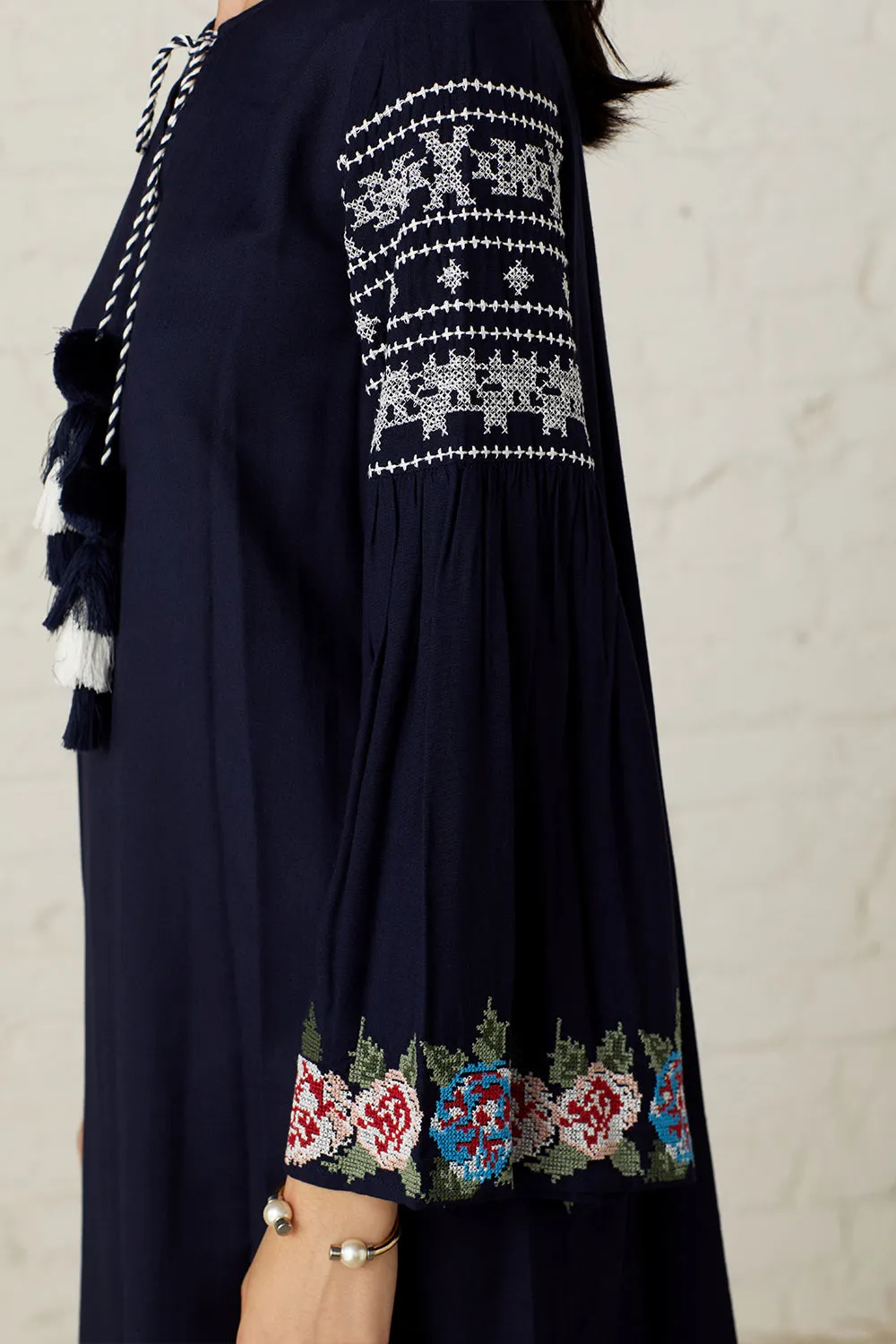 Navy Blue Floral Embroidered Dress