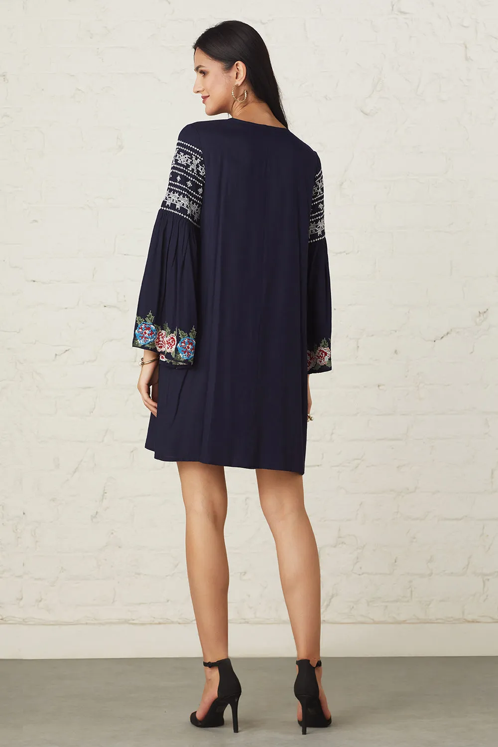 Navy Blue Floral Embroidered Dress