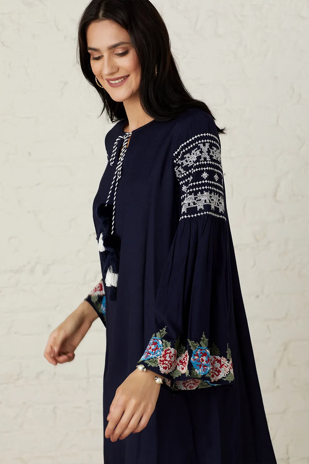 Navy Blue Floral Embroidered Dress