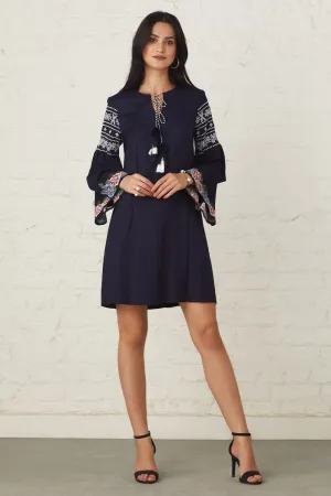 Navy Blue Floral Embroidered Dress
