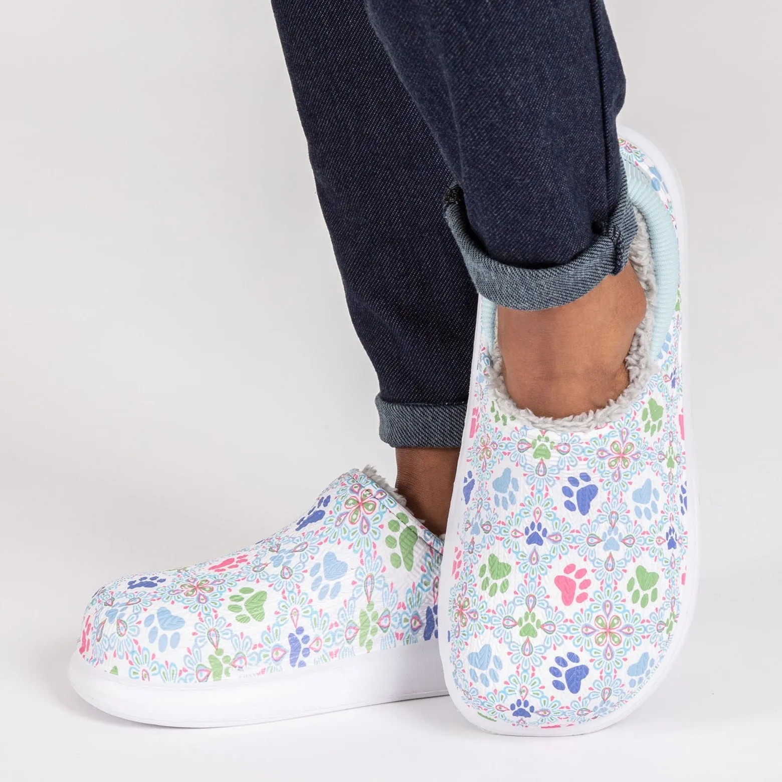 Paw Print Faux Fur Lined Slipper Shoes with Comfort Heel