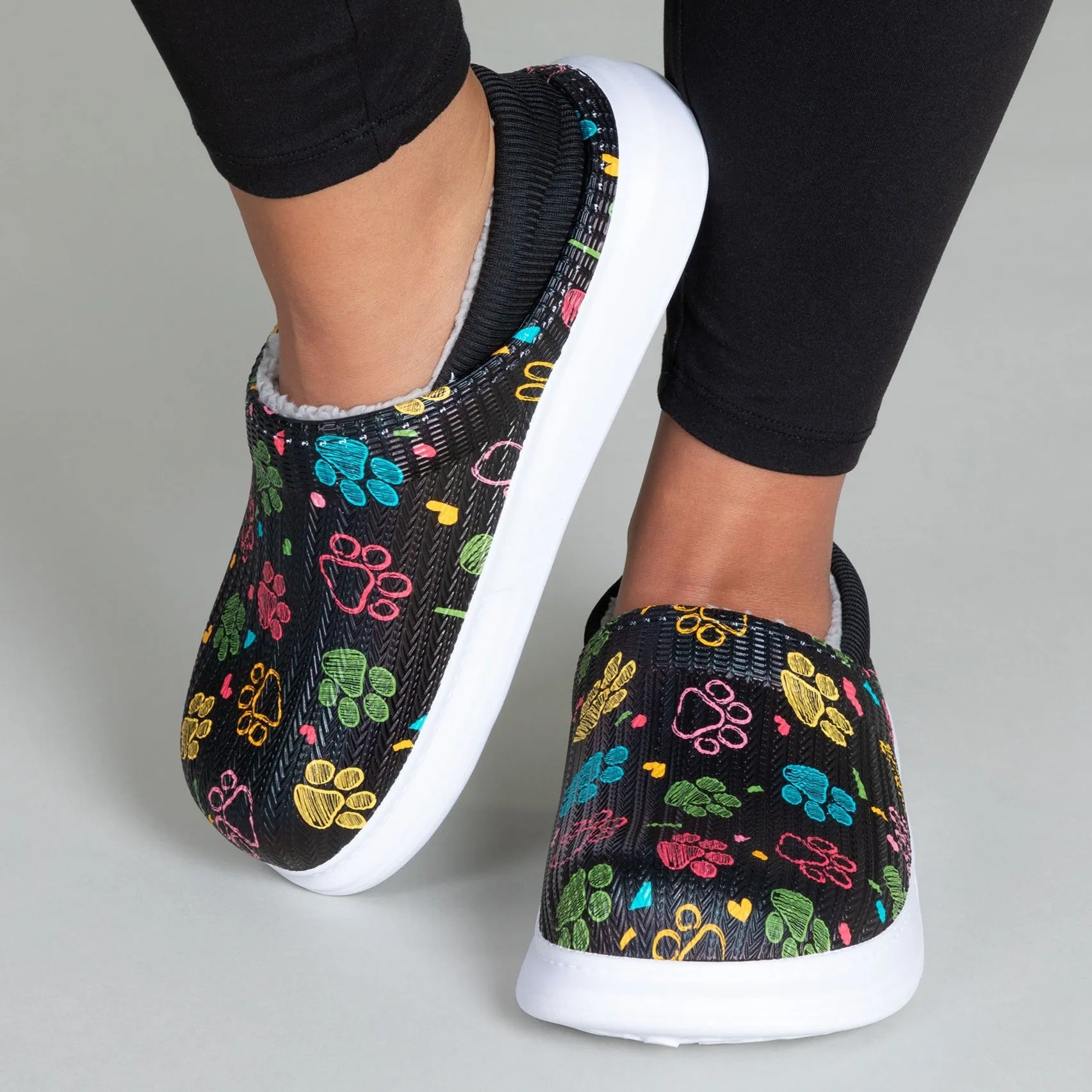 Paw Print Faux Fur Lined Slipper Shoes with Comfort Heel