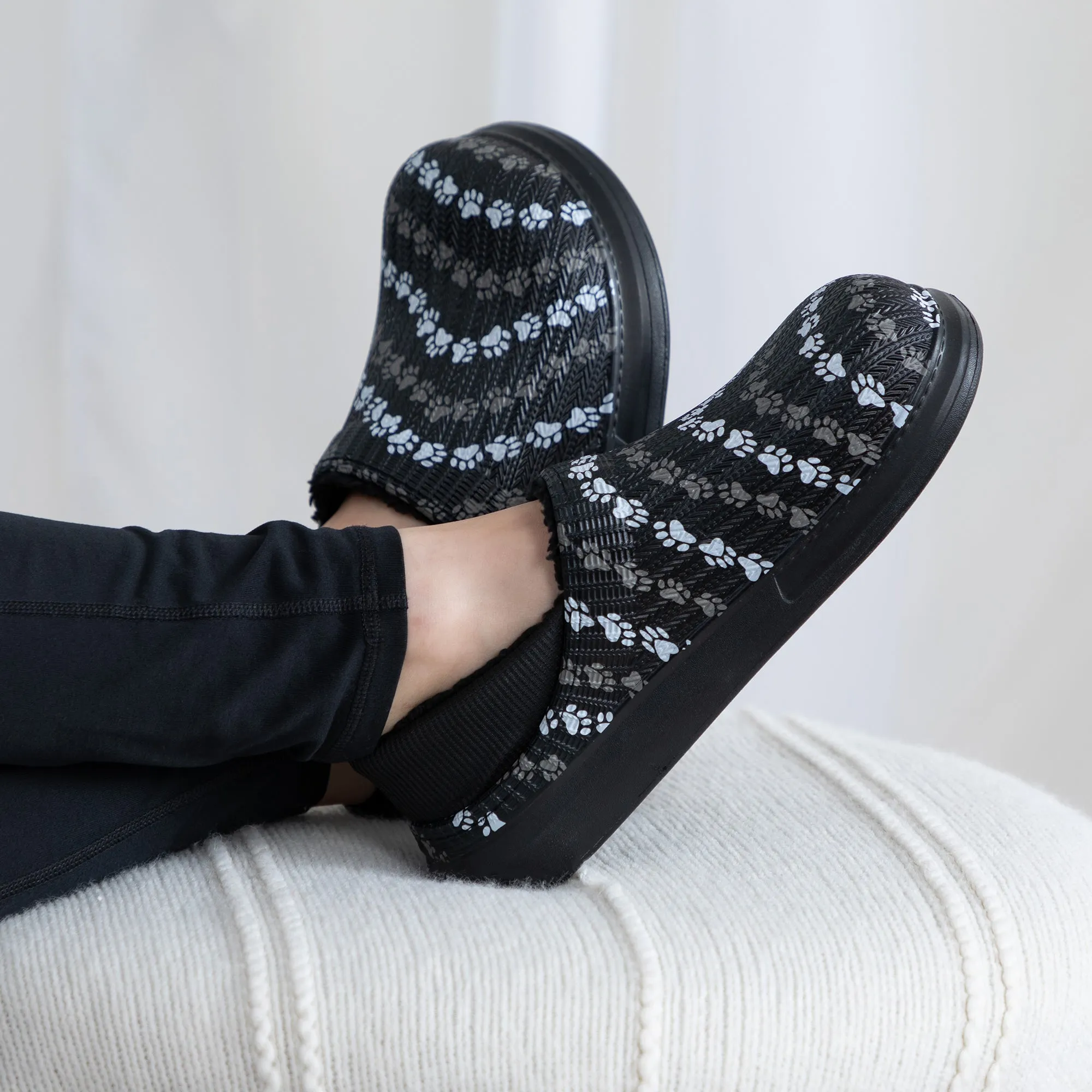 Paw Print Faux Fur Lined Slipper Shoes with Comfort Heel