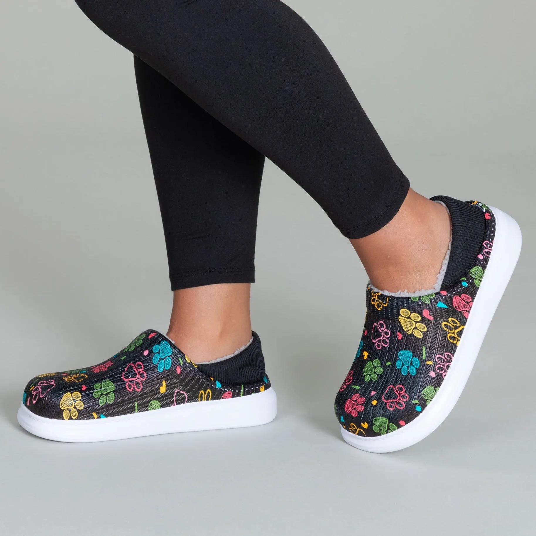 Paw Print Faux Fur Lined Slipper Shoes with Comfort Heel