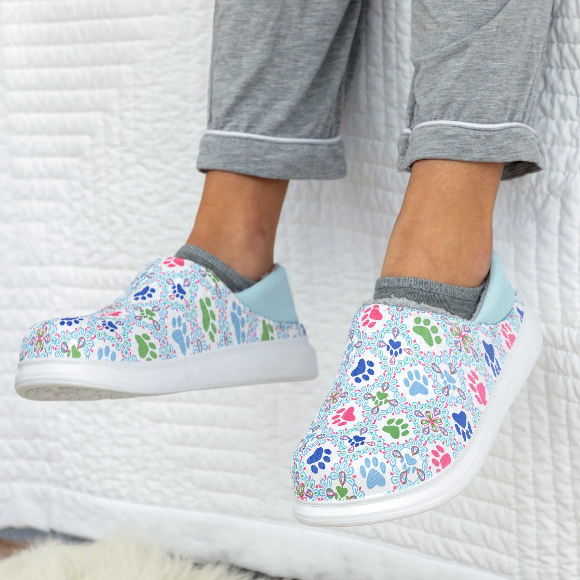 Paw Print Faux Fur Lined Slipper Shoes with Comfort Heel