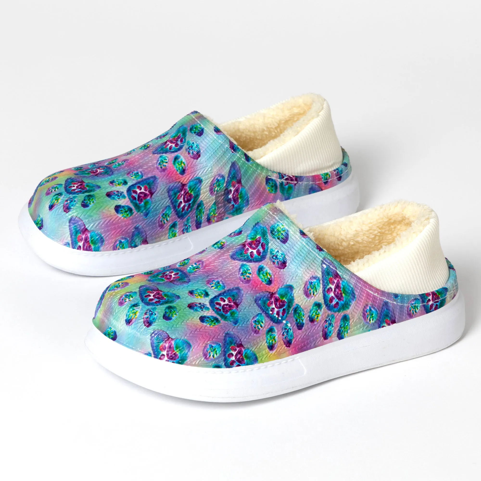 Paw Print Faux Fur Lined Slipper Shoes with Comfort Heel