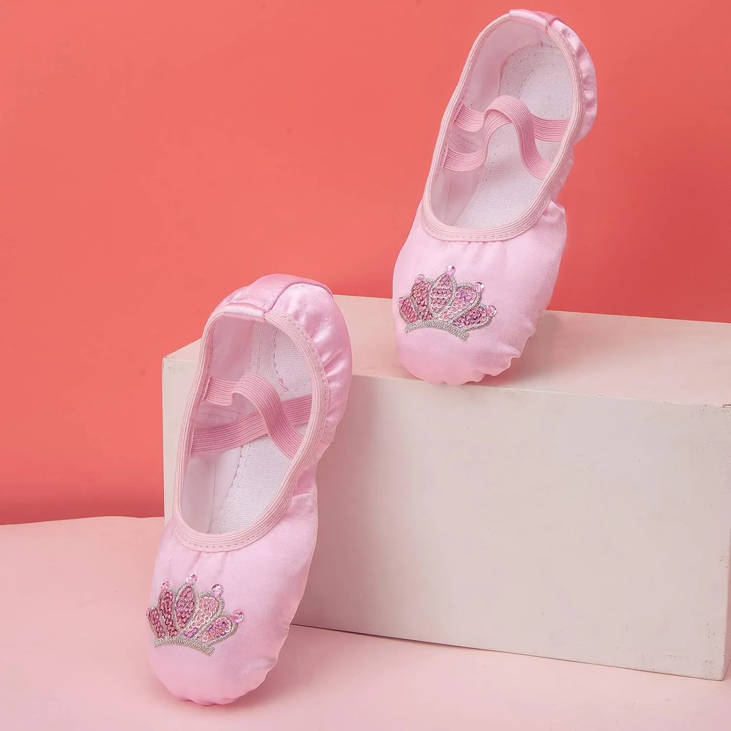 Pink Ballet Shoes Girls Satin Dance Practice Slippers Soft Lightweight with Elastic Laces for Yoga