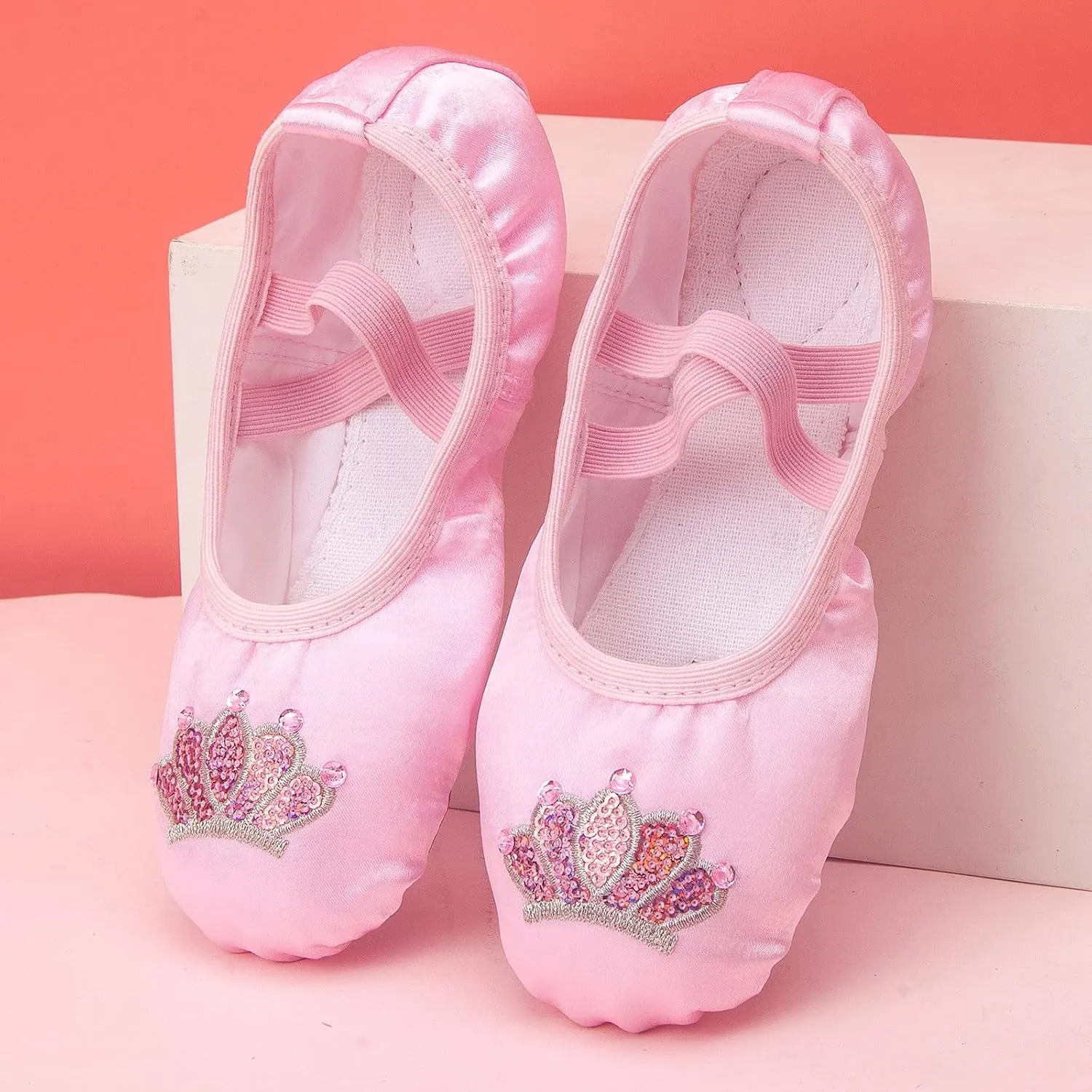 Pink Ballet Shoes Girls Satin Dance Practice Slippers Soft Lightweight with Elastic Laces for Yoga
