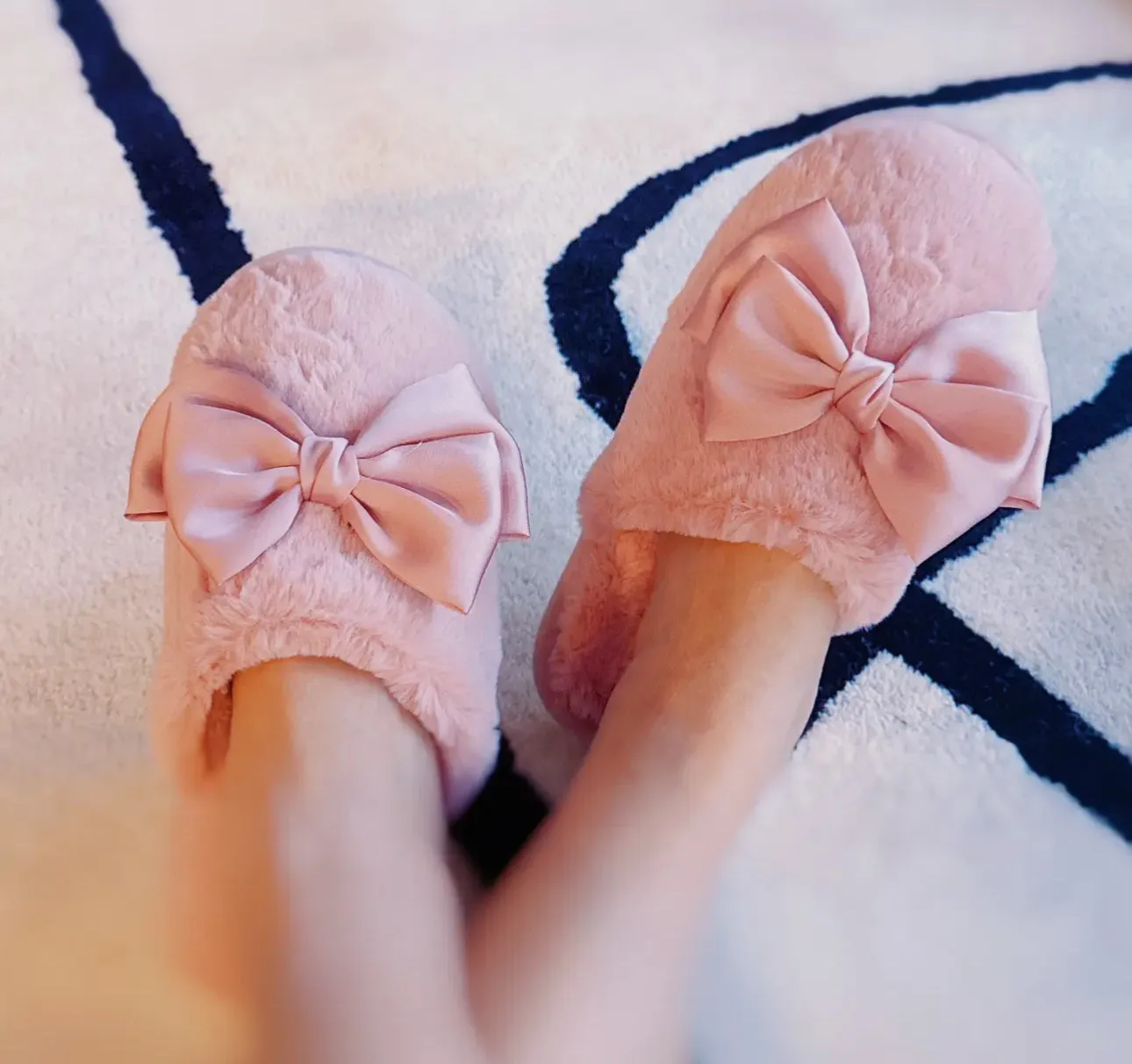 Plush Soft Slippers with Shiny Satin Bow