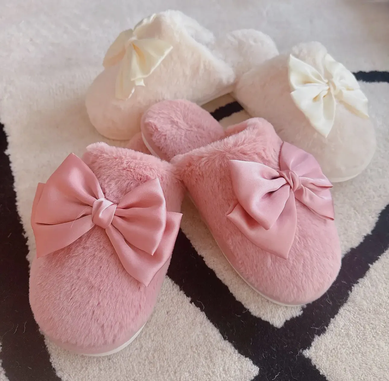 Plush Soft Slippers with Shiny Satin Bow