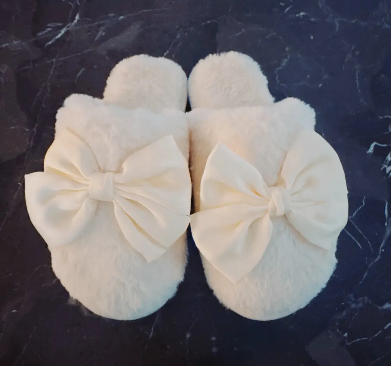 Plush Soft Slippers with Shiny Satin Bow