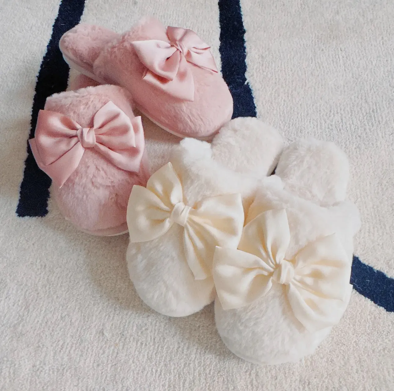 Plush Soft Slippers with Shiny Satin Bow