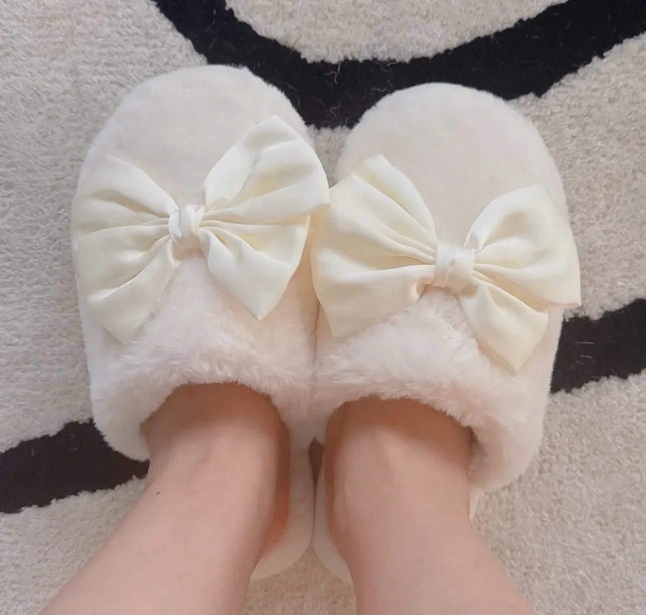 Plush Soft Slippers with Shiny Satin Bow