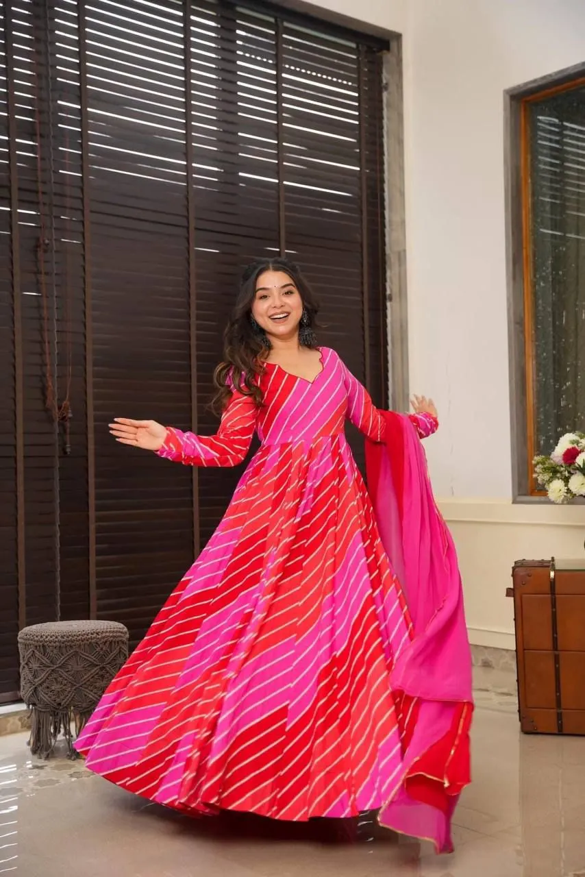 Red & Pink Bandhani Anarkali Set