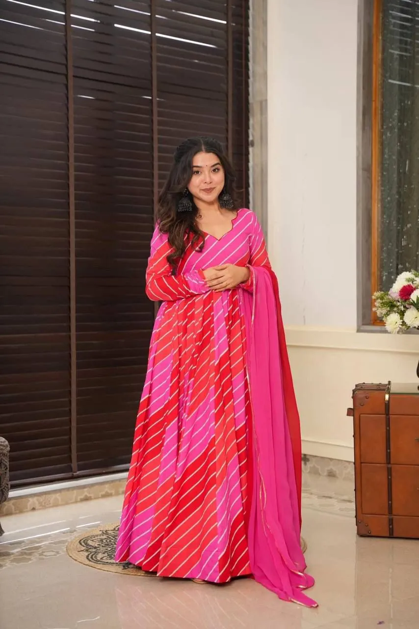 Red & Pink Bandhani Anarkali Set