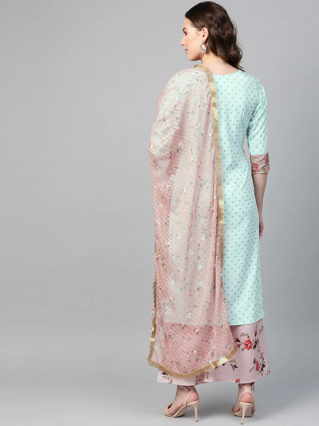 Sea Green & Pink Printed Straight Kurta with Palazzos & Dupatta