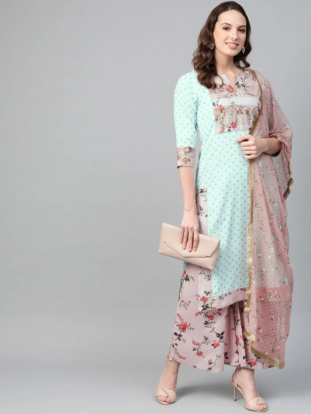 Sea Green & Pink Printed Straight Kurta with Palazzos & Dupatta