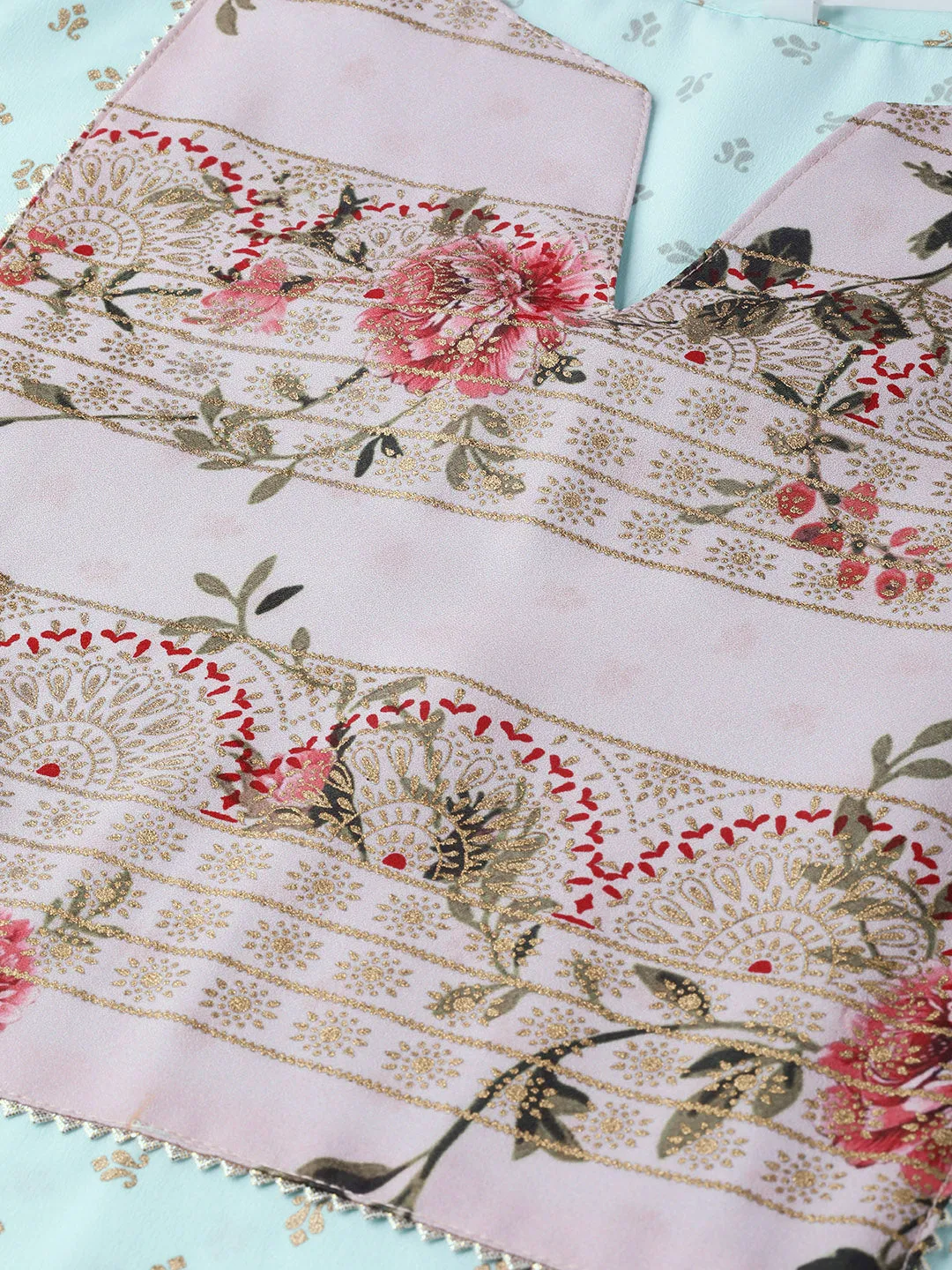 Sea Green & Pink Printed Straight Kurta with Palazzos & Dupatta