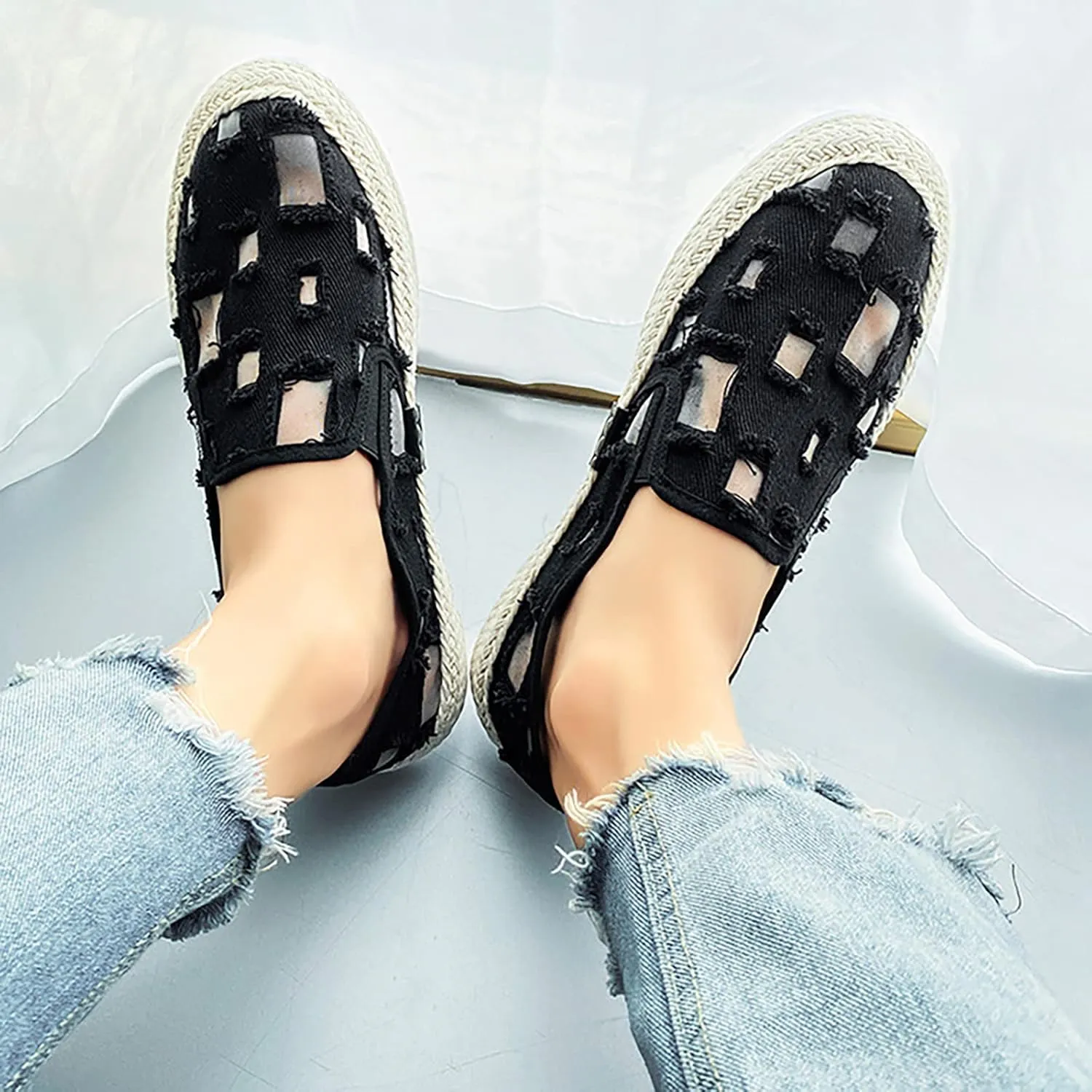 Slip on Walking Shoes for Men Ripped Denim Casual Dressy Memory Foam Breathable Lightweight Fashion Sneakers Non Slip Arch Support Cushioning Training Gym Shoes Wide Width