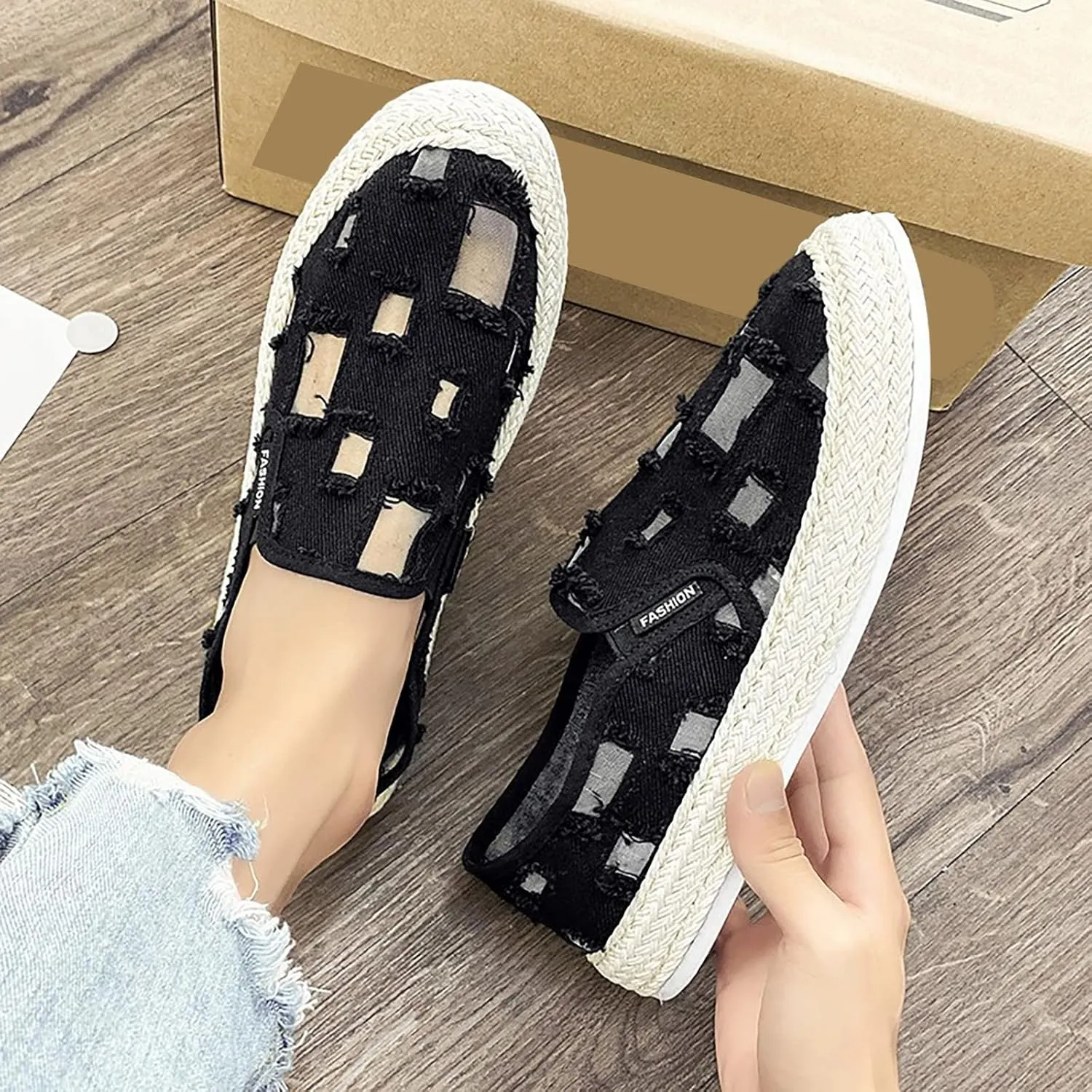 Slip on Walking Shoes for Men Ripped Denim Casual Dressy Memory Foam Breathable Lightweight Fashion Sneakers Non Slip Arch Support Cushioning Training Gym Shoes Wide Width