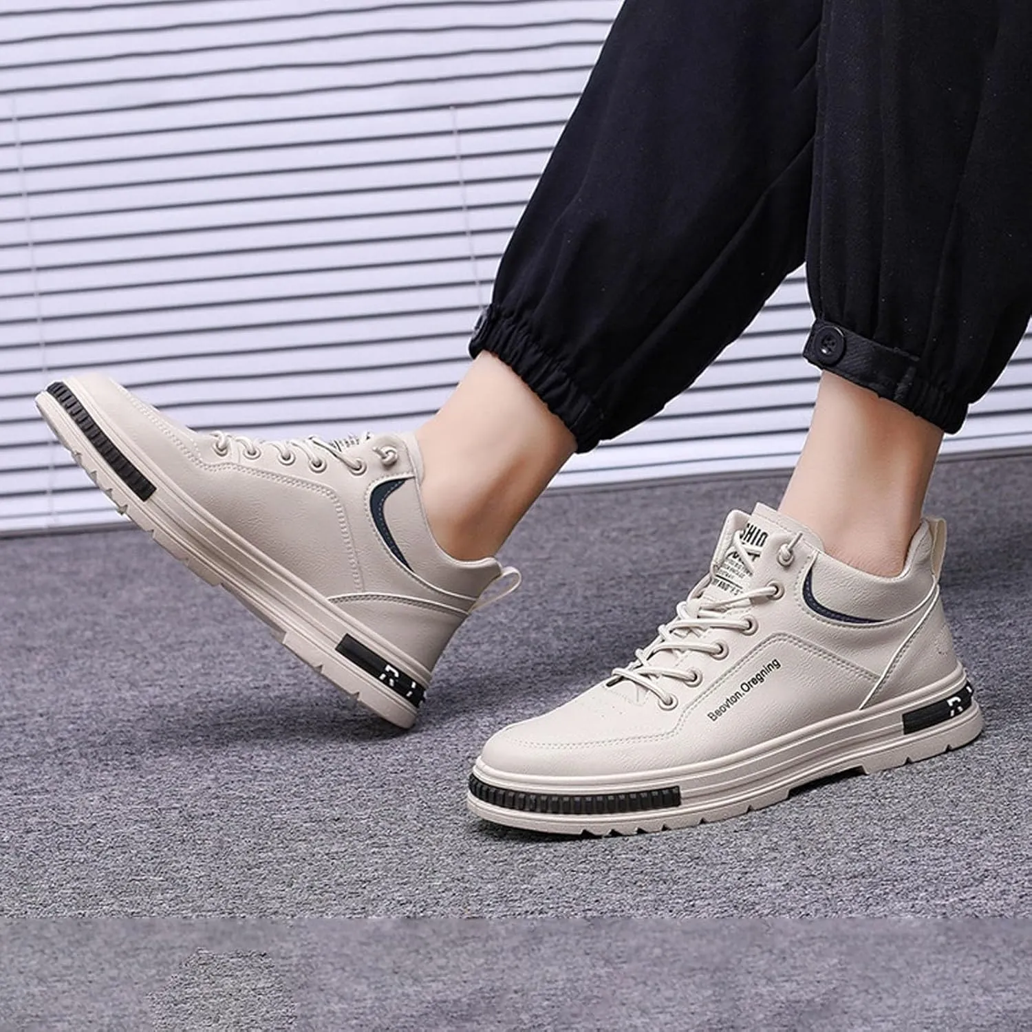 Slip on Walking Shoes Men Comfortable PU Leather Memory Foam Breathable Fashion Sneakers Non Slip Arch Support Cushioning Training Gym Shoes Wide Width