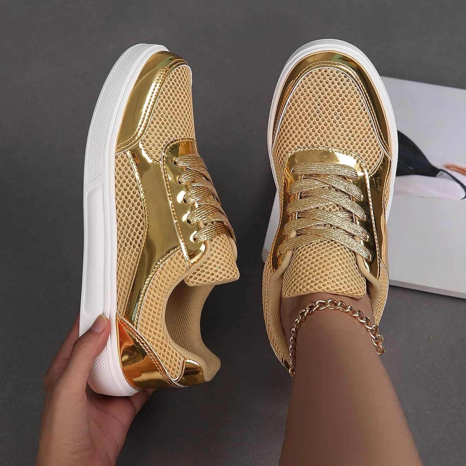 Slip on Walking Shoes Women Dressy PU Leather Non Slip Comfortable Running Shoes Breathable Mesh Sports Workout Tennis Shoes Lightweight Fashion Sneakers