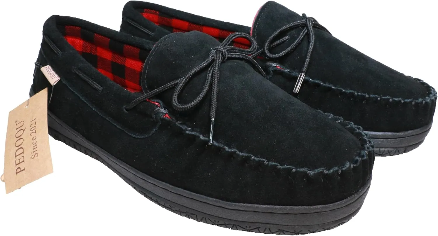 Slippers for Mens House Shoes Moccasin with Genuine suede Upper Flanel Lining Comfortable Memory Foam Rubber Soles Indoor Outdoor