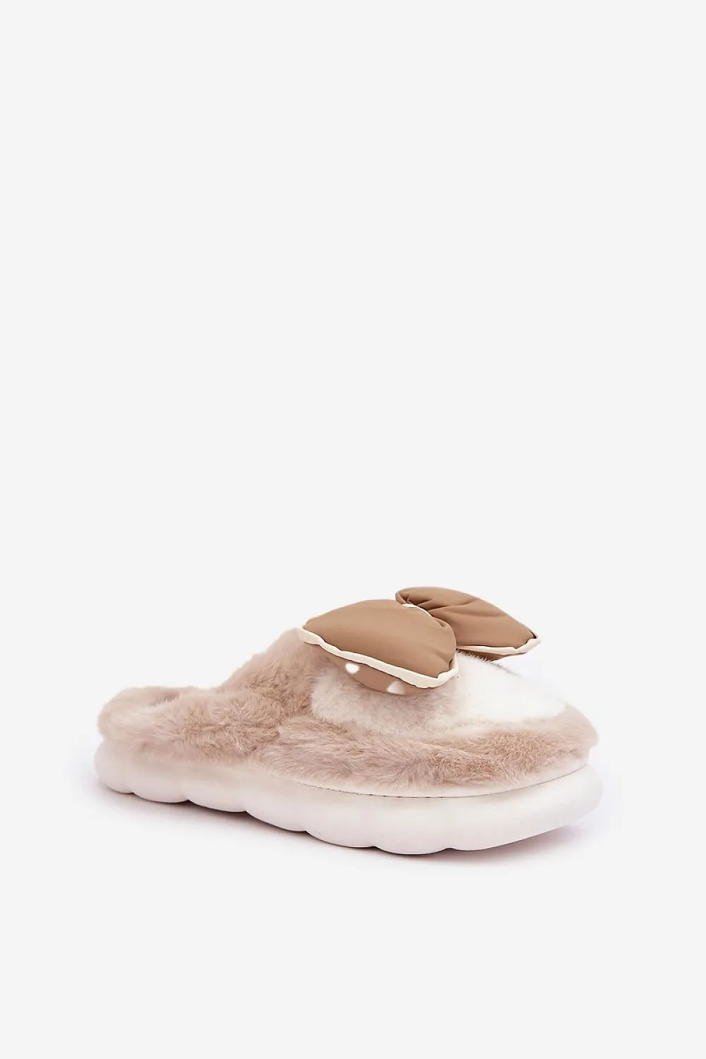 Soft cozy fur slippers decorated with a bow