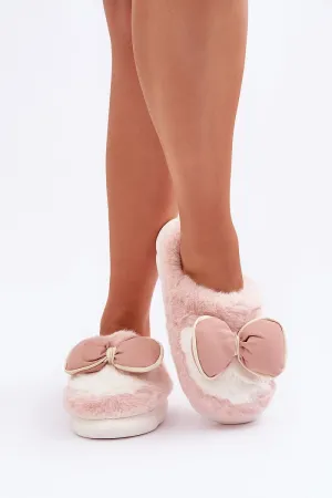 Soft cozy fur slippers decorated with a bow