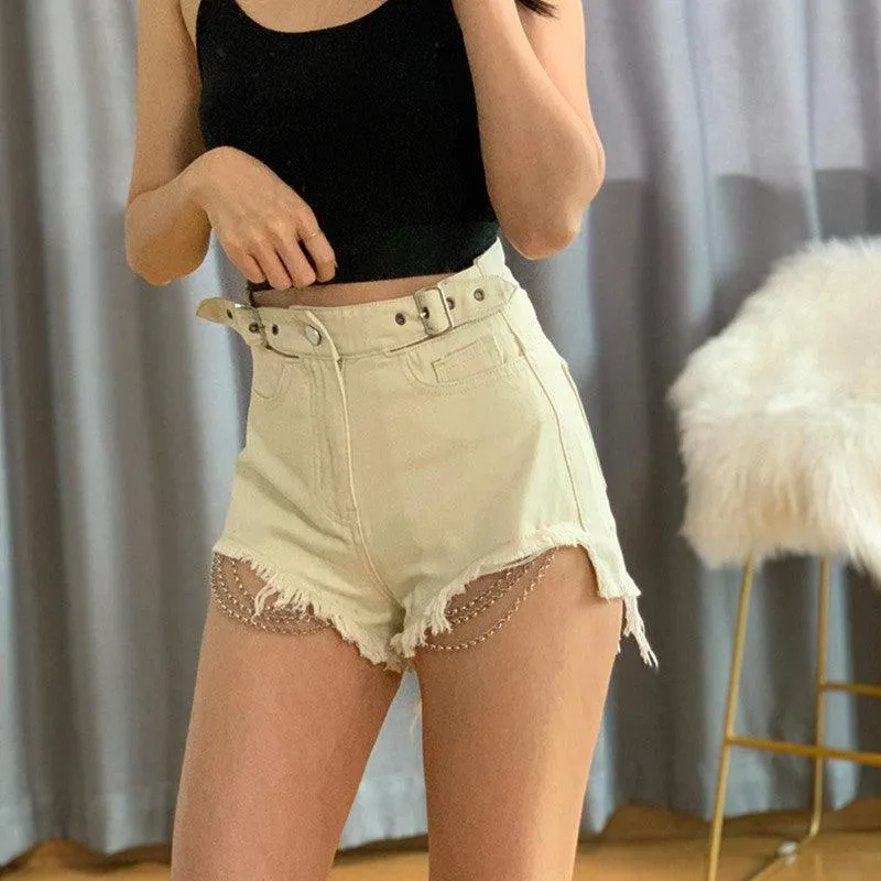 Spring And Summer Fashion Vintage Washed Hollow-out Midriff Chain Denim Shorts