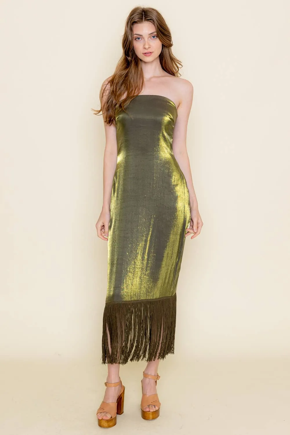 STRAPLESS FRINGE HEM MIDI DRESS