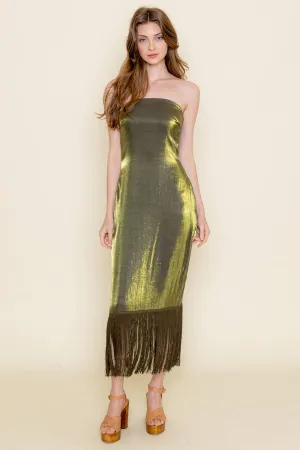 STRAPLESS FRINGE HEM MIDI DRESS