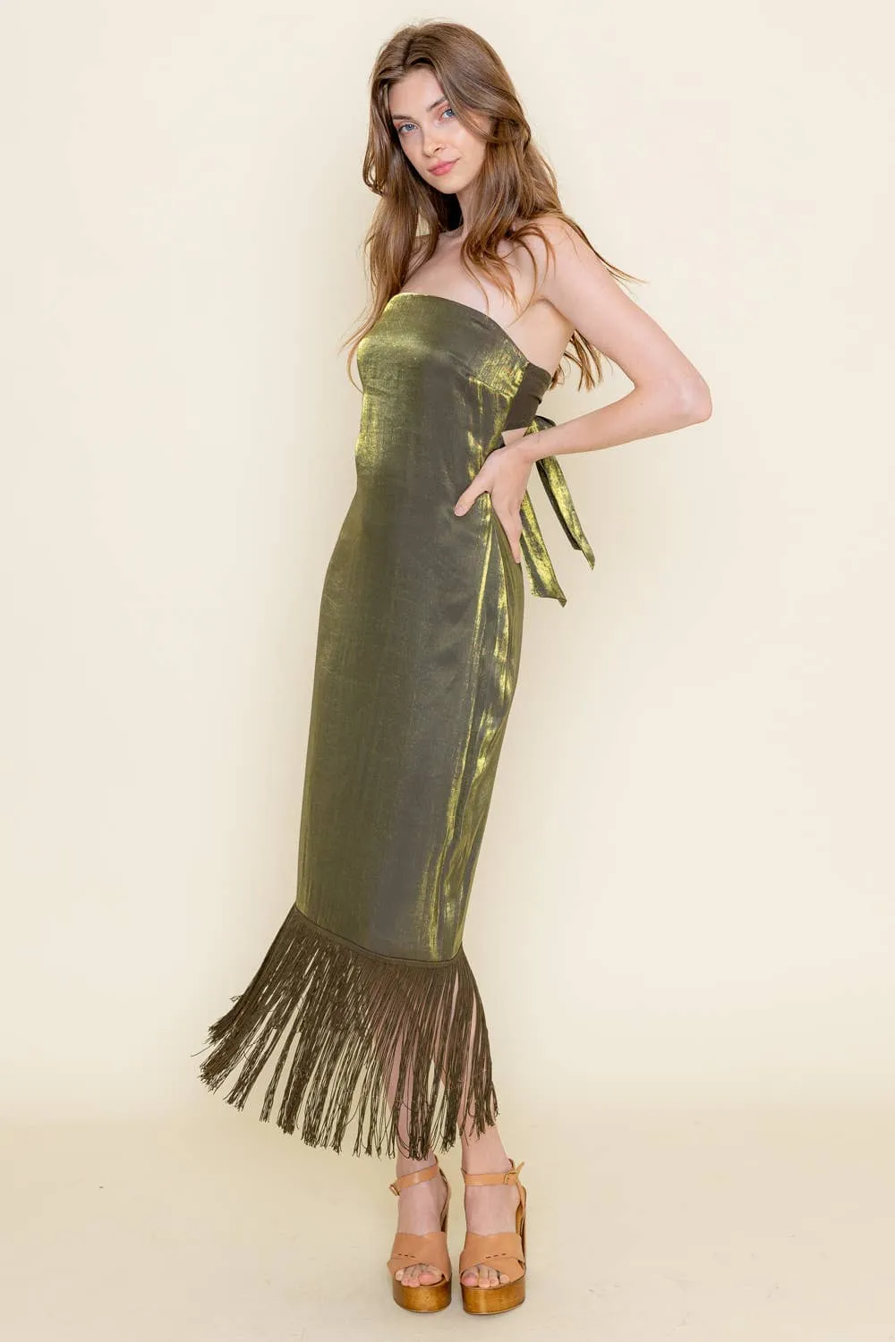 STRAPLESS FRINGE HEM MIDI DRESS