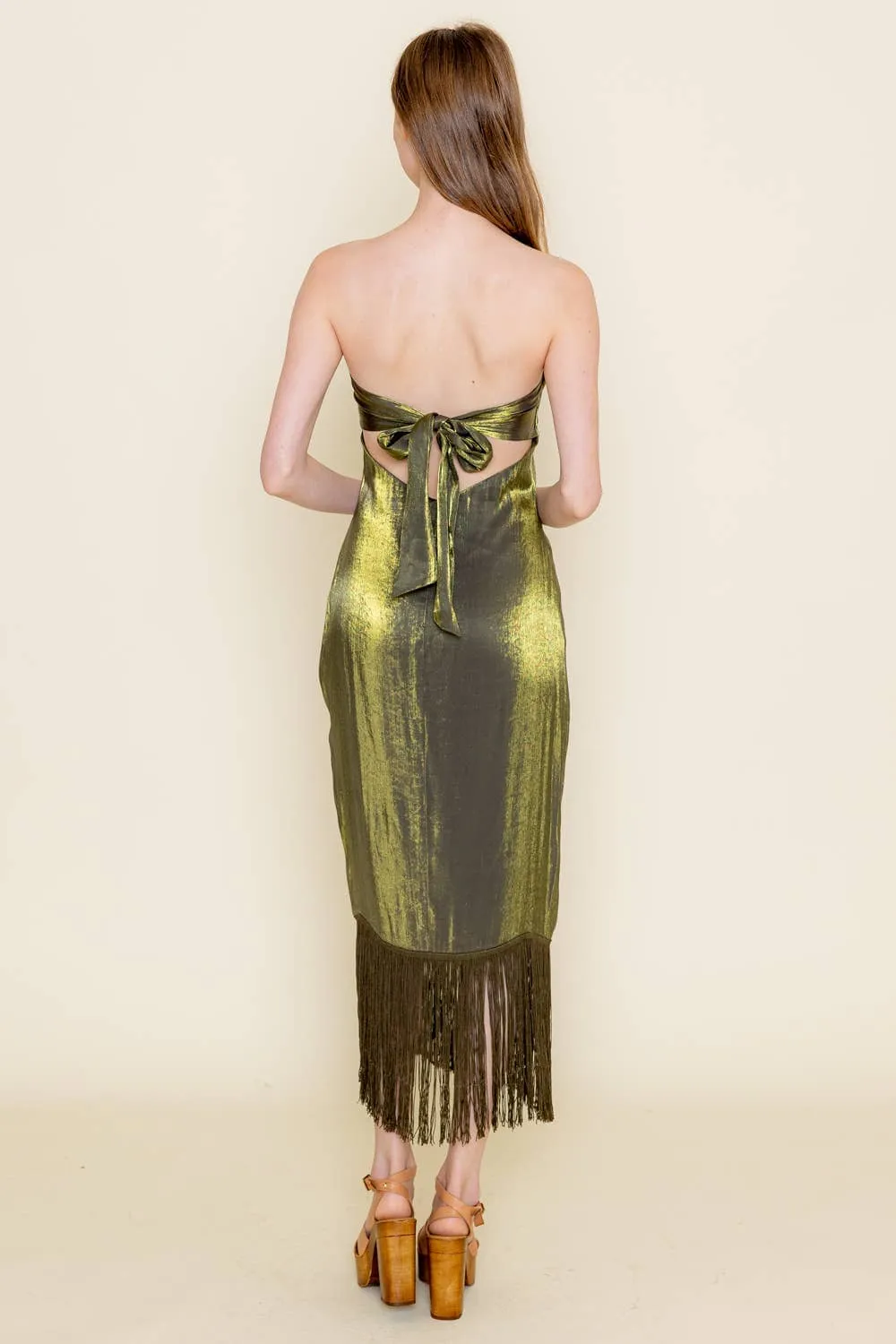 STRAPLESS FRINGE HEM MIDI DRESS
