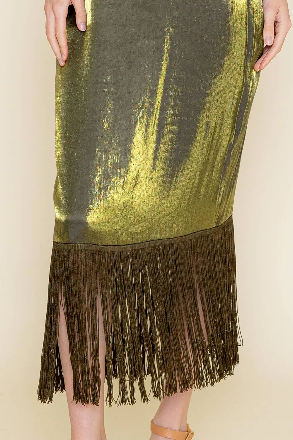 STRAPLESS FRINGE HEM MIDI DRESS