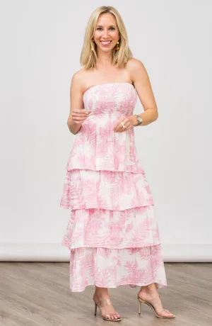 Strapless Tier Maxi Dress in Baby Pink Palm