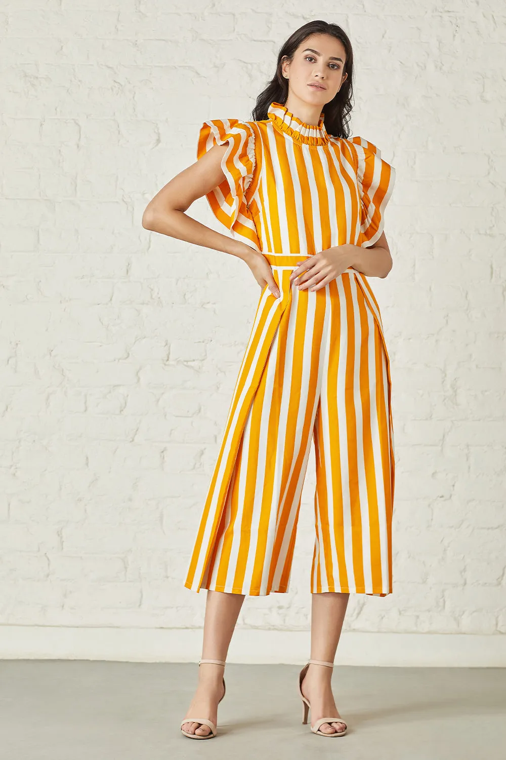 Striking stripe flutter sleeved  jumpsuit